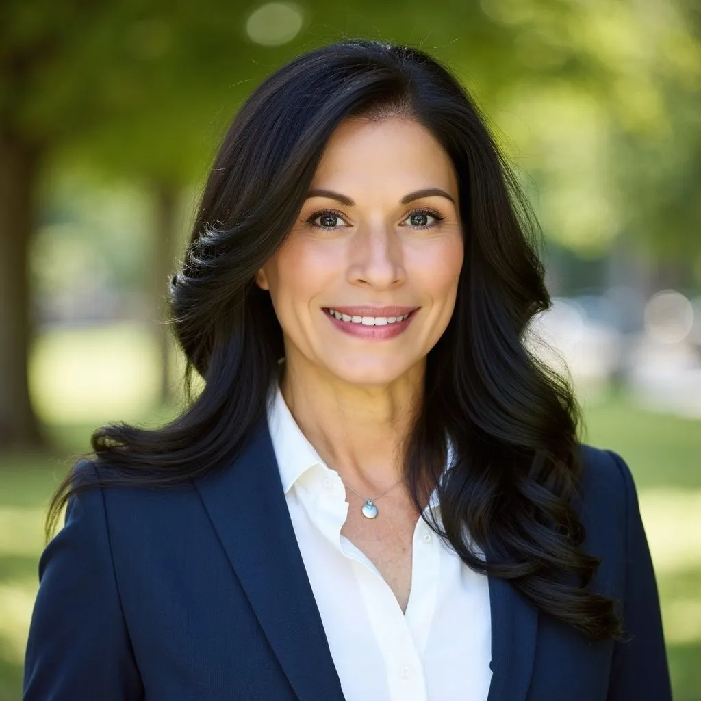 Diana Marquez smiling in a navy blazer and white shirt, with her full head and shoulders visible against soft green foliage
